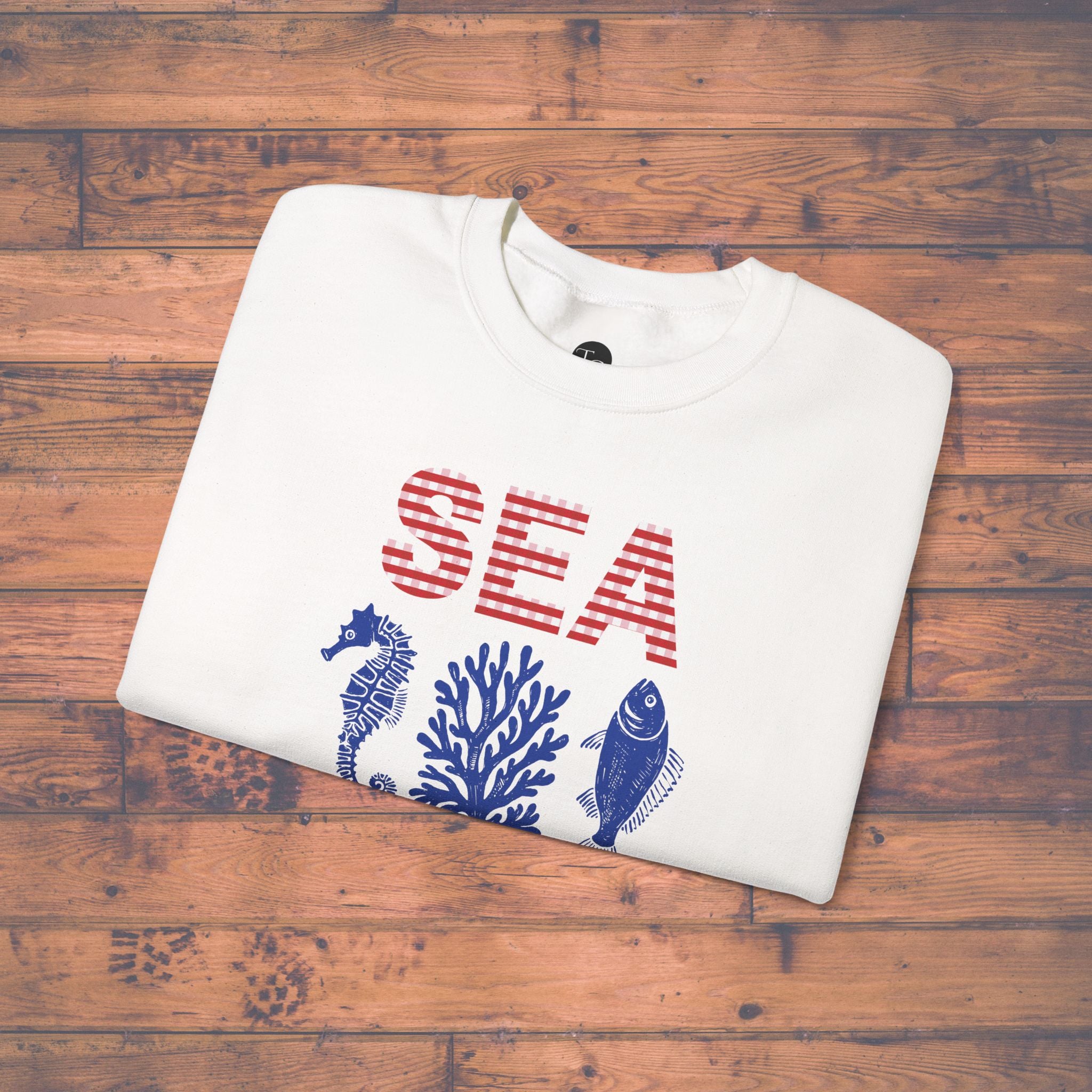 Seaside Nautical Crewneck Sweatshirt | Sea Horse Coral Fish Print