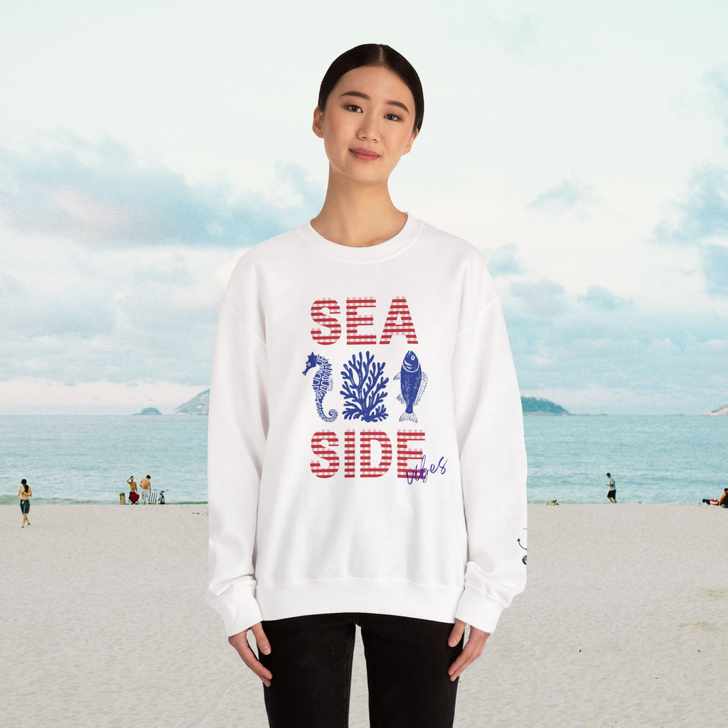 Seaside Nautical Crewneck Sweatshirt | Sea Horse Coral Fish Print