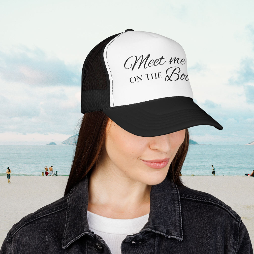 Black Meet Me on the Boat Foam Trucker Hat | Embroidered Nautical Script Cap
