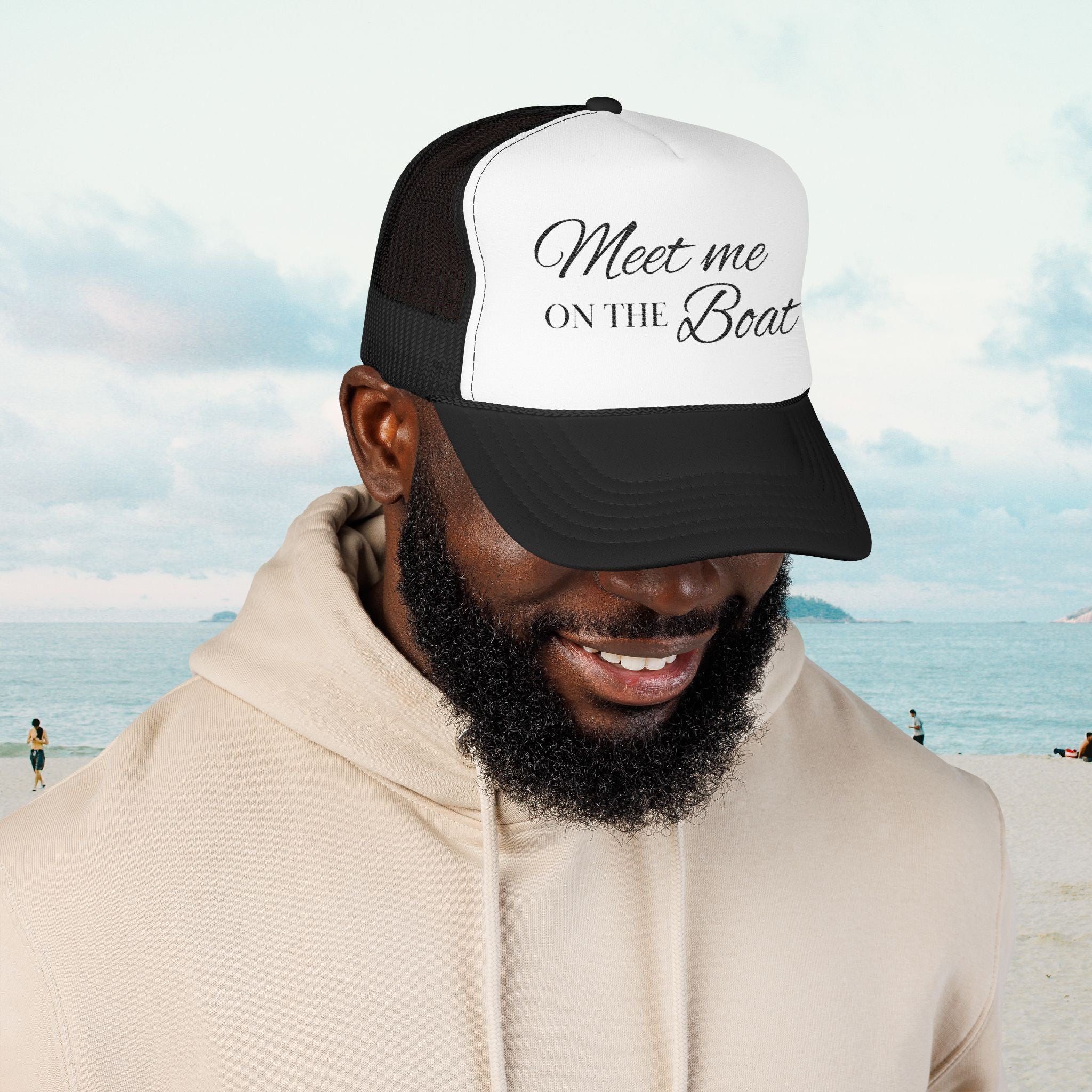 Black Meet Me on the Boat Foam Trucker Hat | Embroidered Nautical Script Cap