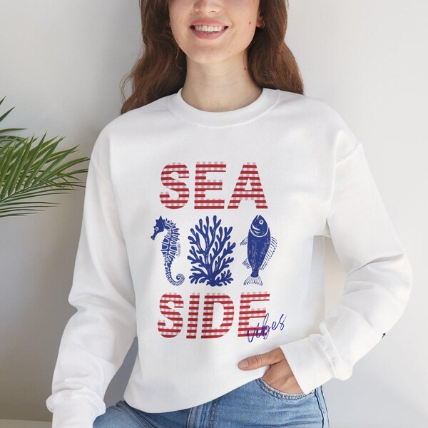Seaside Nautical Crewneck Sweatshirt | Sea Horse Coral Fish Print